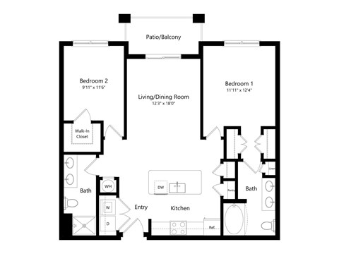 A floor plan of a house with two bedrooms, a living room, a kitchen, two bathrooms, and a patio.